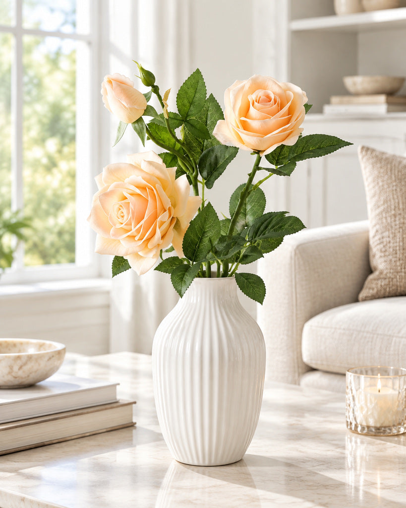 Deep Champagne 3-Head Princess Rose Faux Flower Stem - 75cm