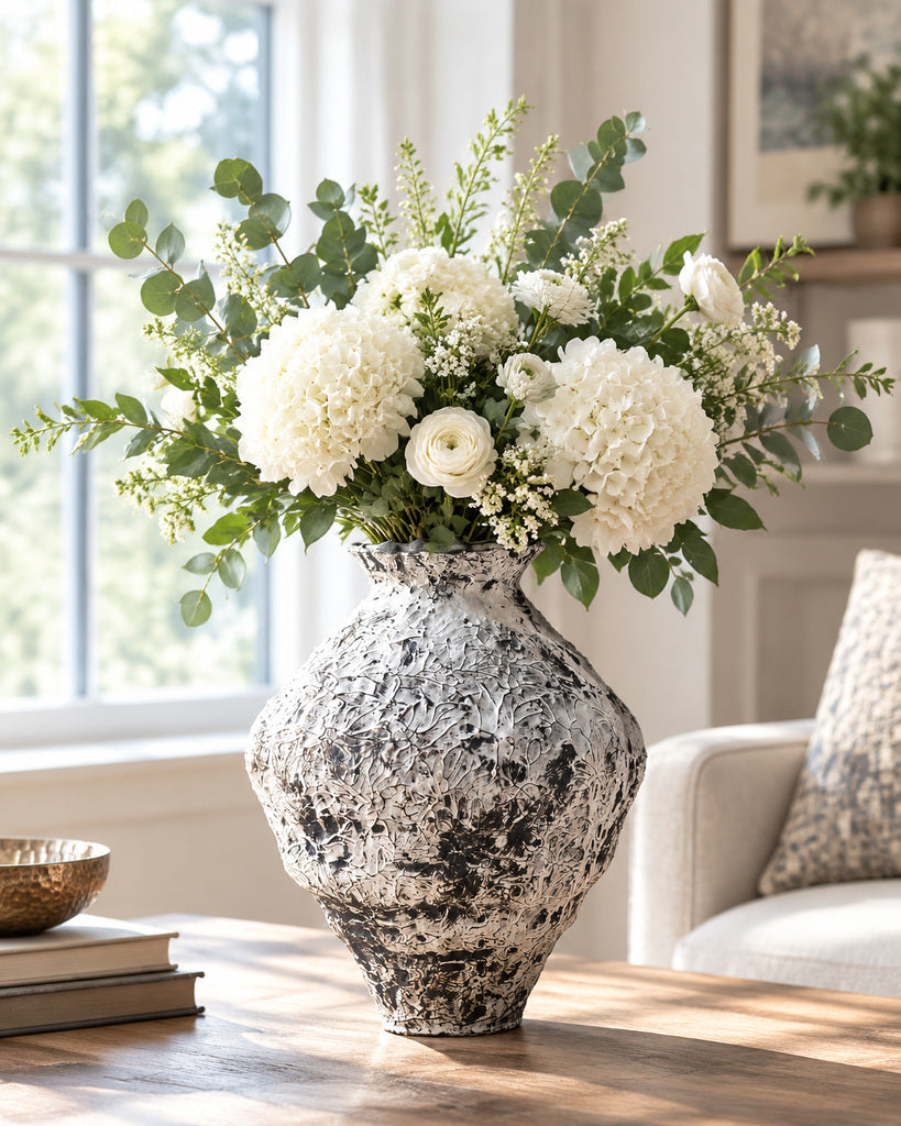 Iron Black & White Wide-Bodied Raised-Texture Vase - 12.2"