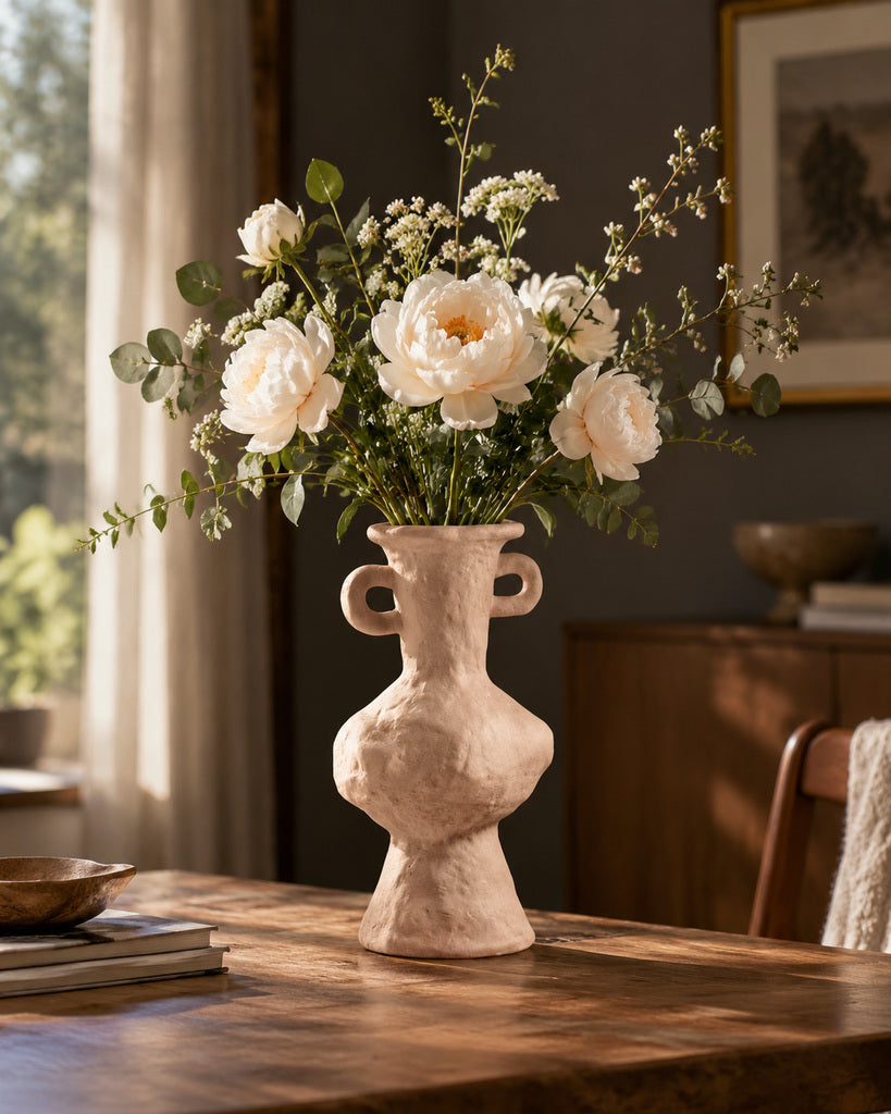Muted Terracotta Double-Handle Pedestal Ceramic Vase - 10"