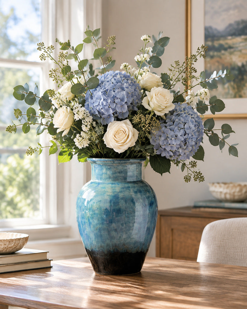 Ice Blue Gradient Glazed Ceramic Vase - 11.4"