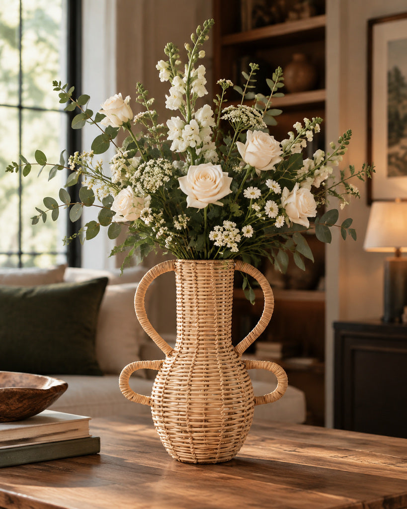 Natural Brown Handcrafted Rattan Four-Handle Vase - 12.2"
