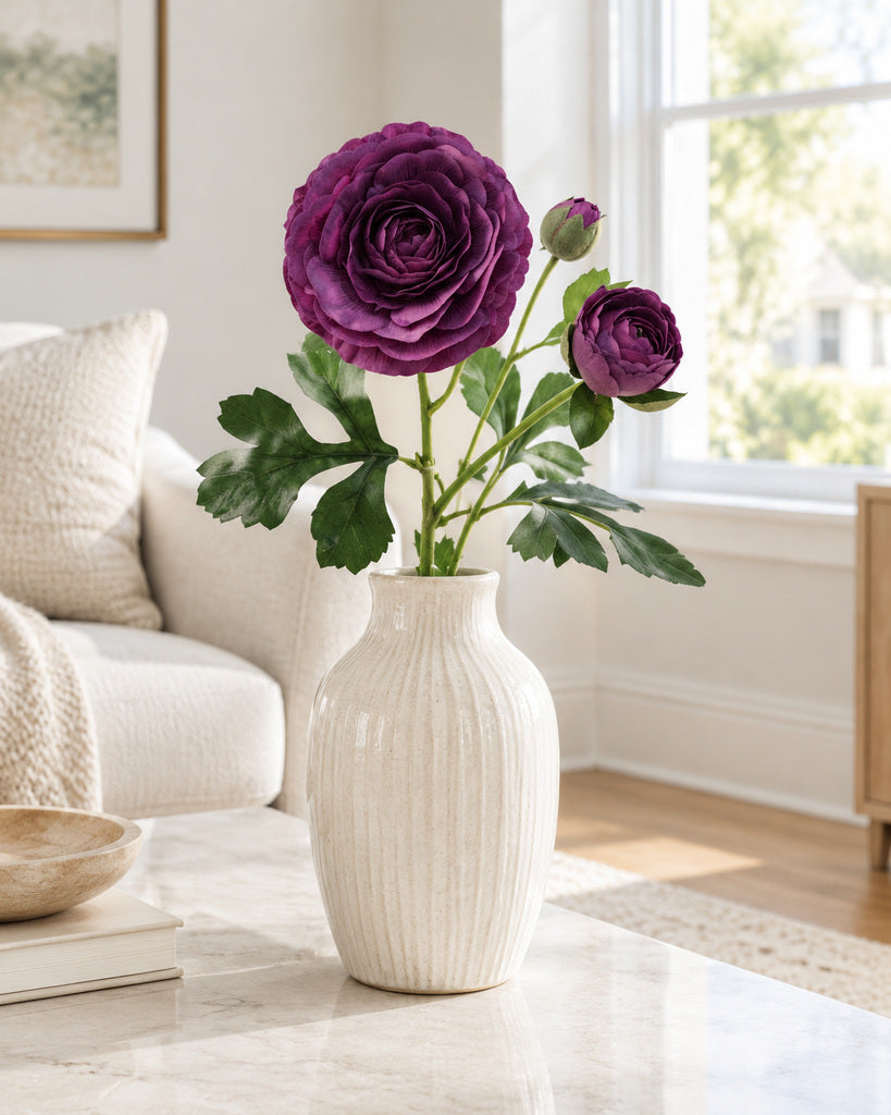 Deep Purple 3-Head Artificial Ranunculus Stem - 54 cm
