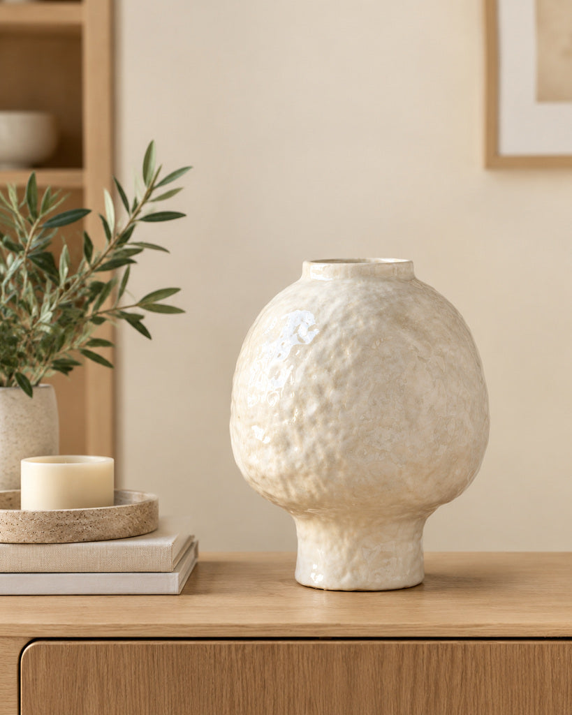 Rice White Stone-Patterned Pedestal Vase - 11.8"