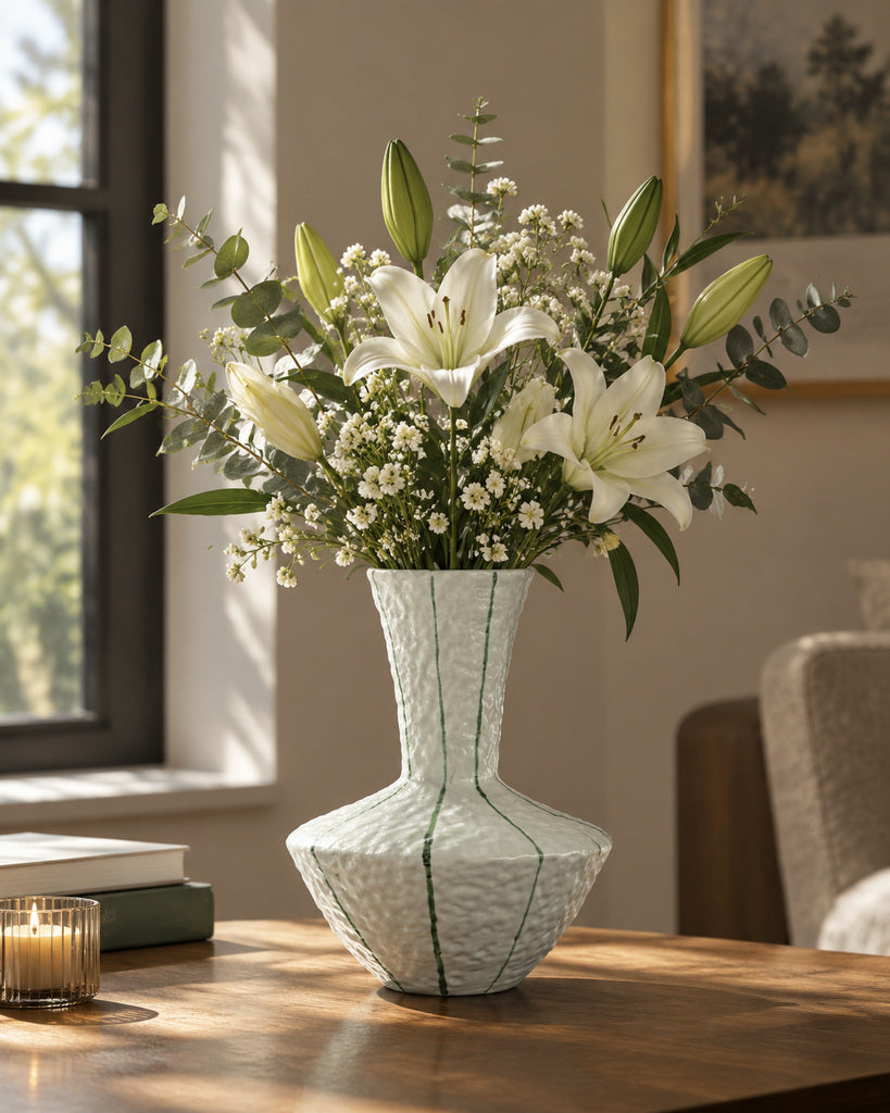 Ivory Green-Striped Tall Textured Sculptural Vase - 11.4"