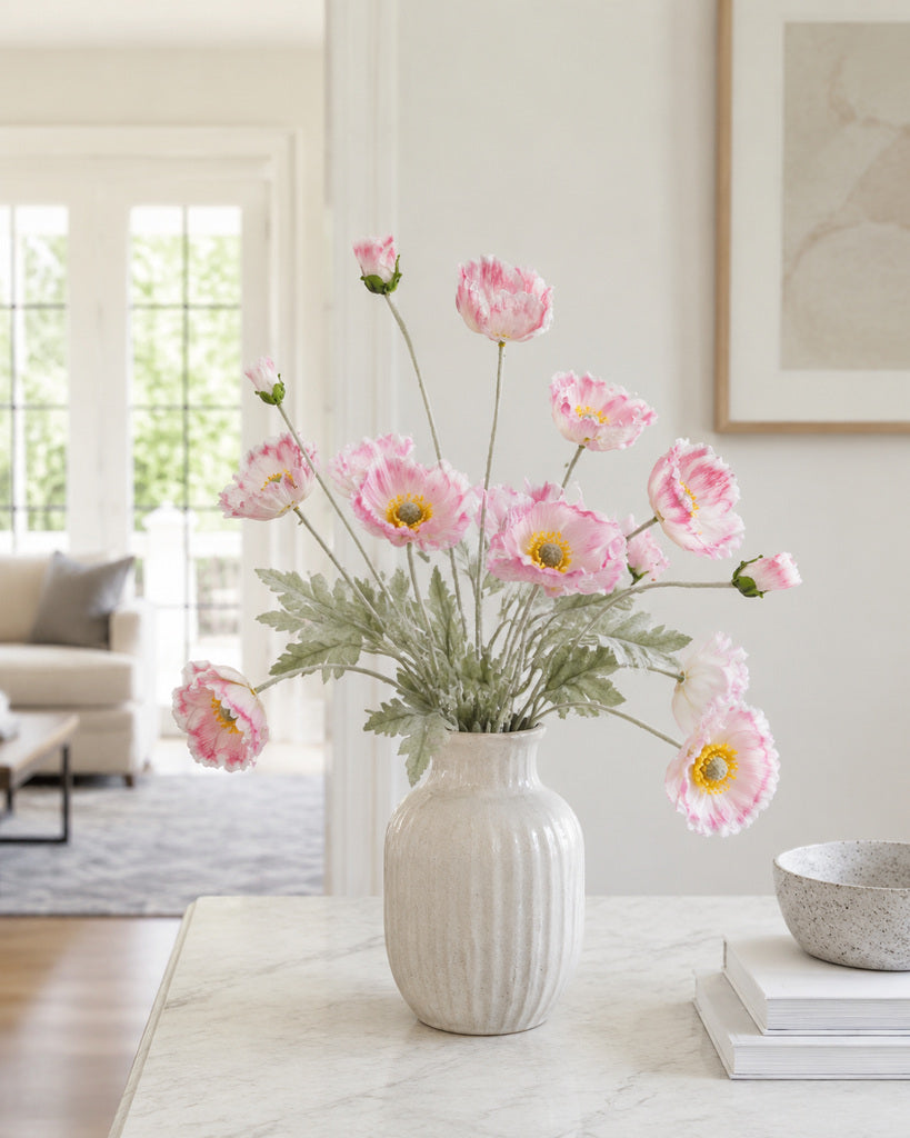 Blush White Fabric Artificial Poppy Spray - 64 cm