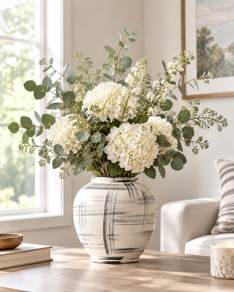 Ivory White & Black Linear Brushstroke Rounded Vase - 10.2"