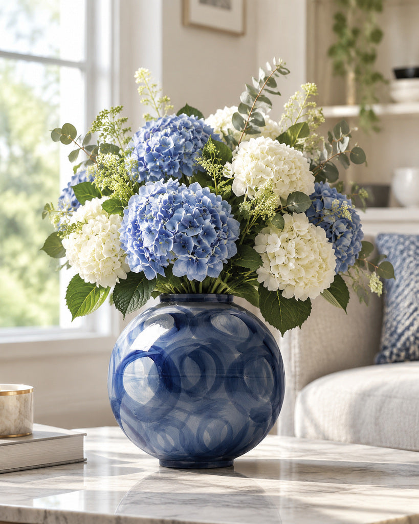 Blue & White Circular Brushstroke Rounded Vase - 11.0"