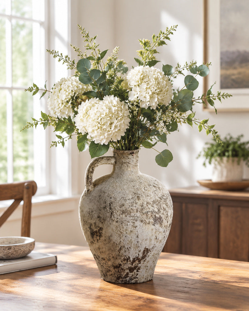 Weathered Ivory Single-Handle Narrow-Neck Earthenware Vase - 14.2"
