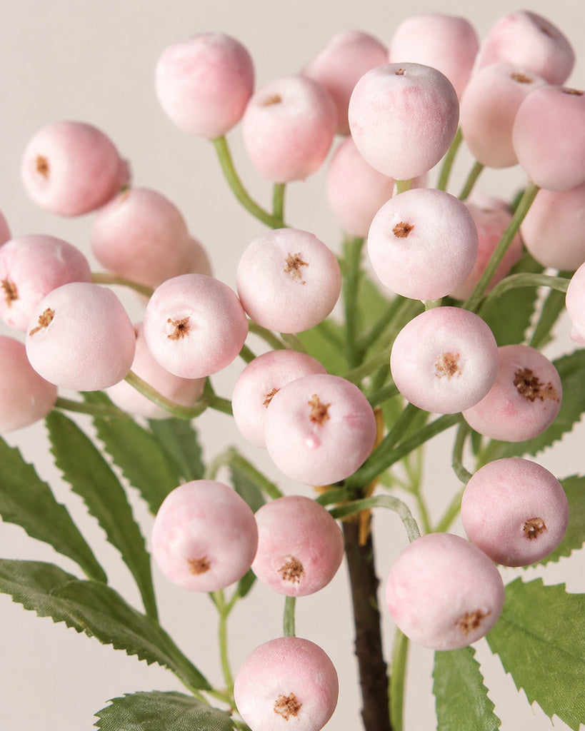 Pink Fabric-Leaf Artificial Wild Berry Branch - 36 cm
