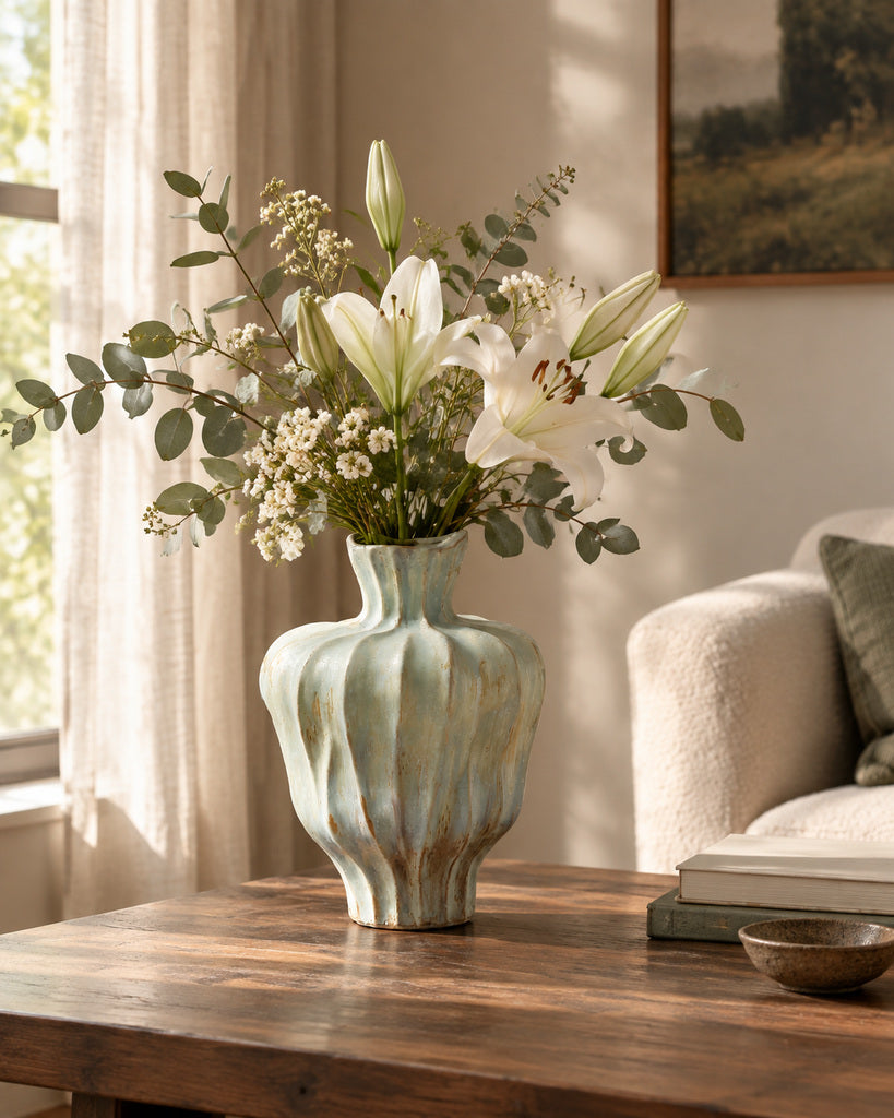 Seafoam Gray Seashell-Curve Hand-Glazed Ceramic Vase - 12.2"