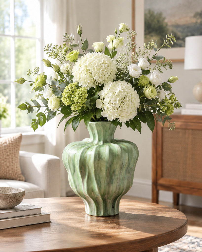 Sage Green Seashell-Curve Hand-Glazed Ceramic Vase - 12.2"