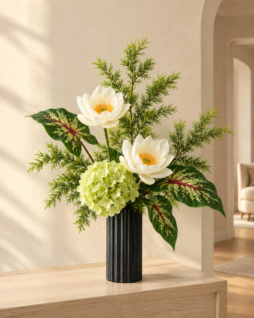 White Lotus, Green Hydrangea & Tropical Foliage Faux Flower Bundle
