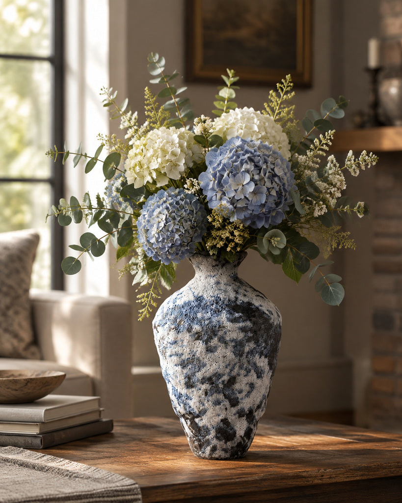 Mottled Blue-Gray Bubble-Textured Tall Ceramic Vase - 13.8"