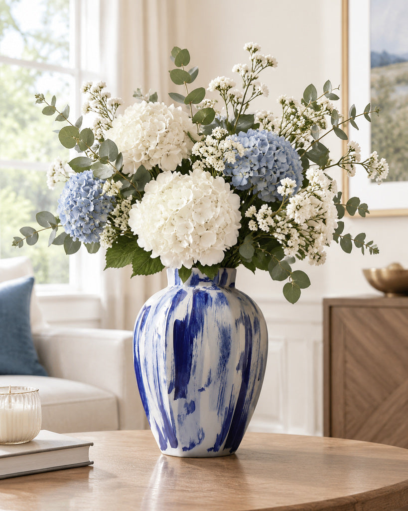 Ivory White & Cobalt Blue Brushstroke Vase - 10.3"