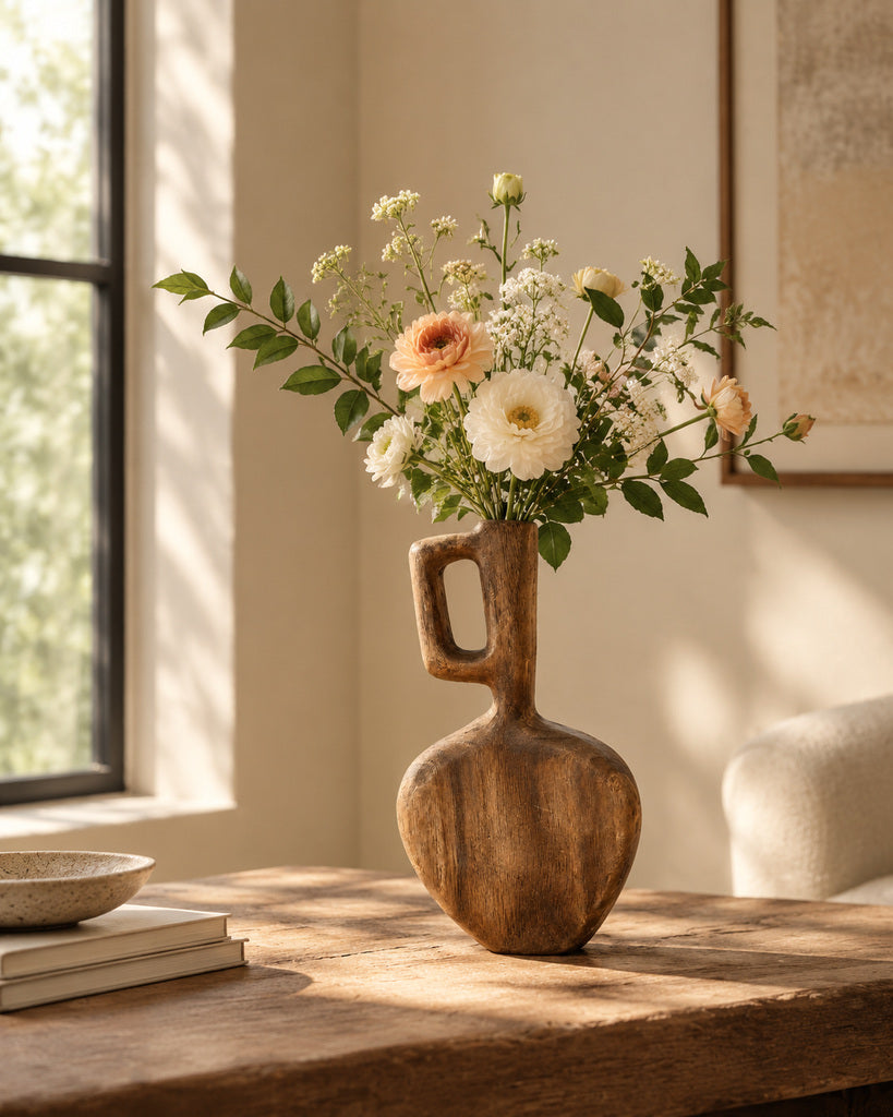 Warm Brown Abstract Hollow Handcrafted Wood Vase - 12.6"