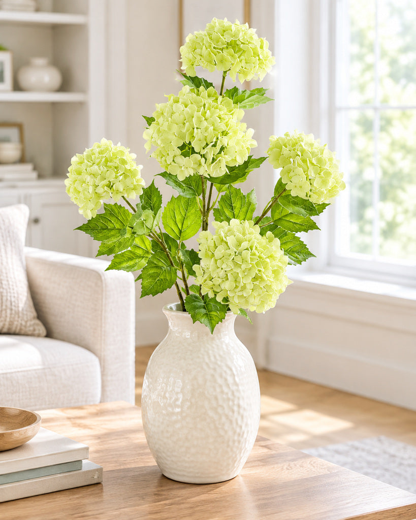 White Green 5-Head Soft-Touch Mini Hydrangea Stem - 85 cm