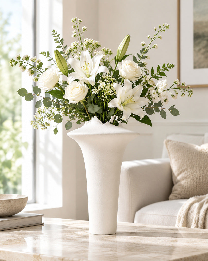 Matte White Jagged-Rim Sculptural Vase - 14.2"