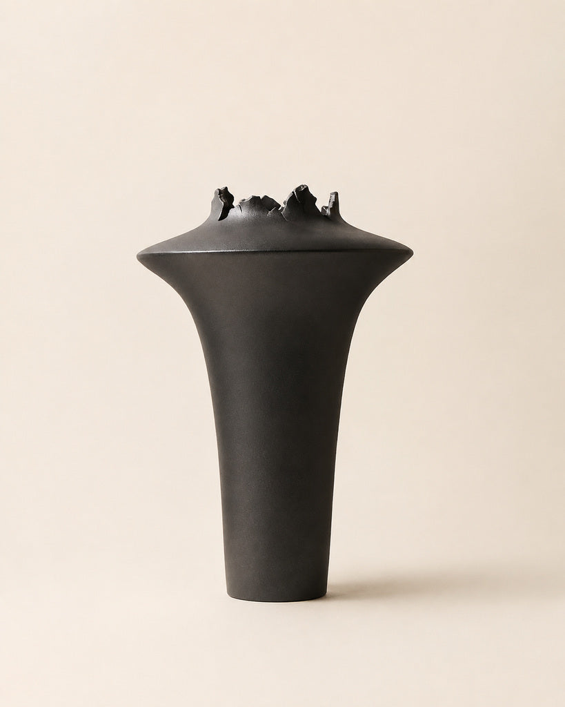 Matte Black Jagged-Rim Sculptural Vase - 14.2"
