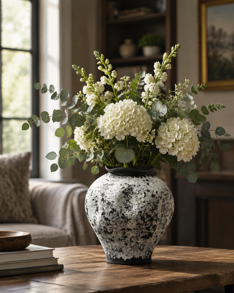 Snow-Covered Black Mottled Textured Vase - 10.6"