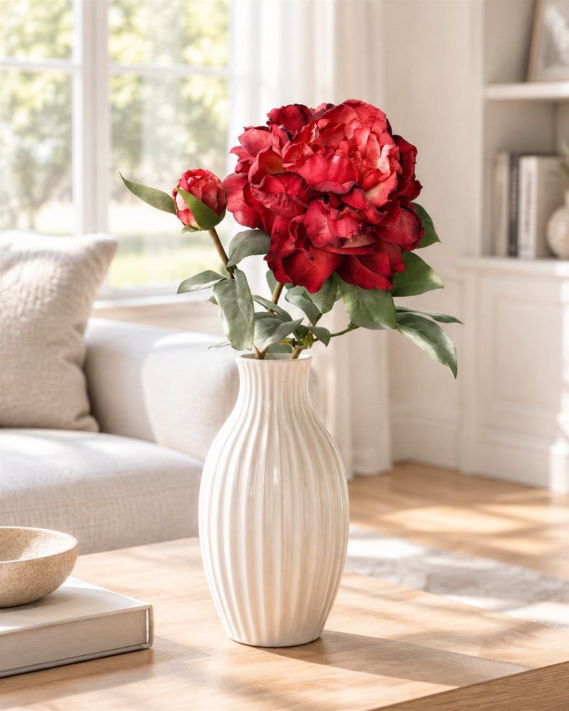 Vintage Red 2-Head Artificial Peony Stem - 64 cm