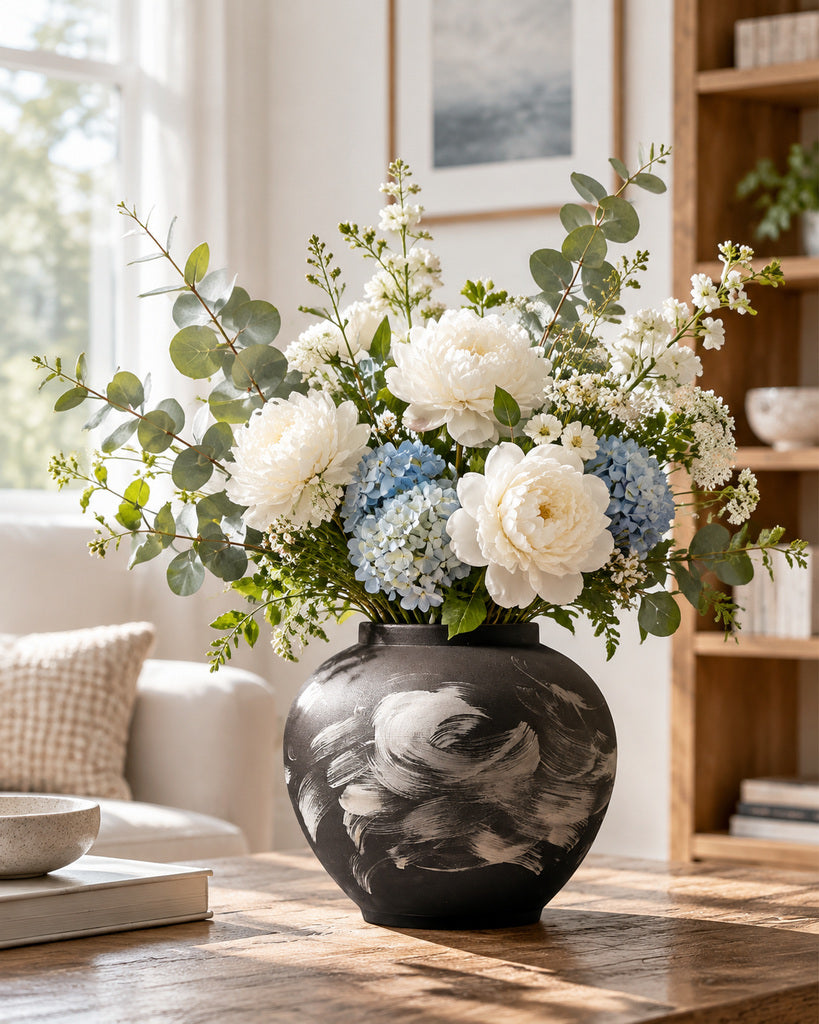 Charcoal Black & White Abstract Brushstroke Rounded Vase - 10.0"