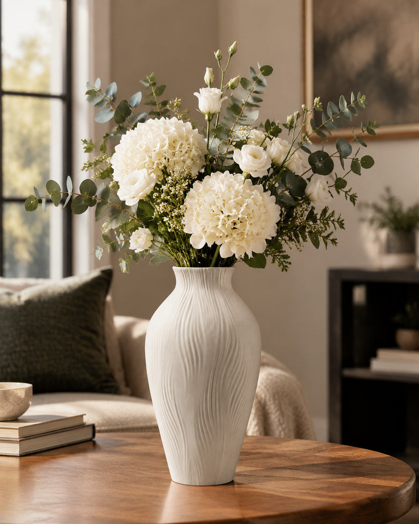 Ivory Flowing Ribbed Ceramic Vase - 11.8"