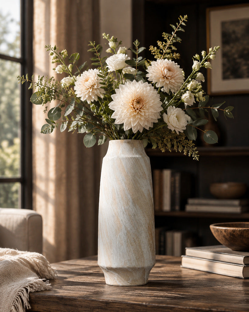 Warm Ivory Brushstroke Textured Slender Vase - 13.8"