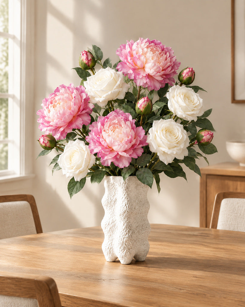 White Juliet Rose & Vintage Purple Peony Faux Flower Bundle – 9 Stems