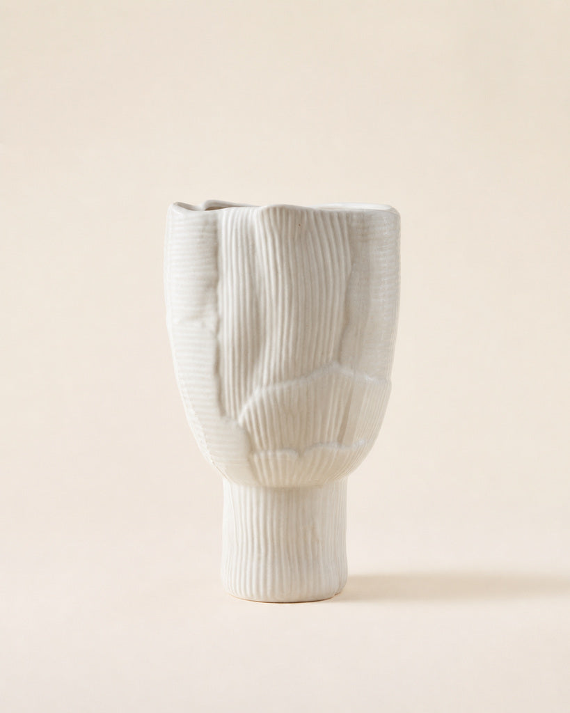 Pure White Organic Ribbed Sculptural Vase - 14.2"