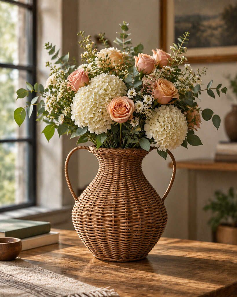 Natural Brown Handwoven Rattan Double-Handle Vase - 11.8"