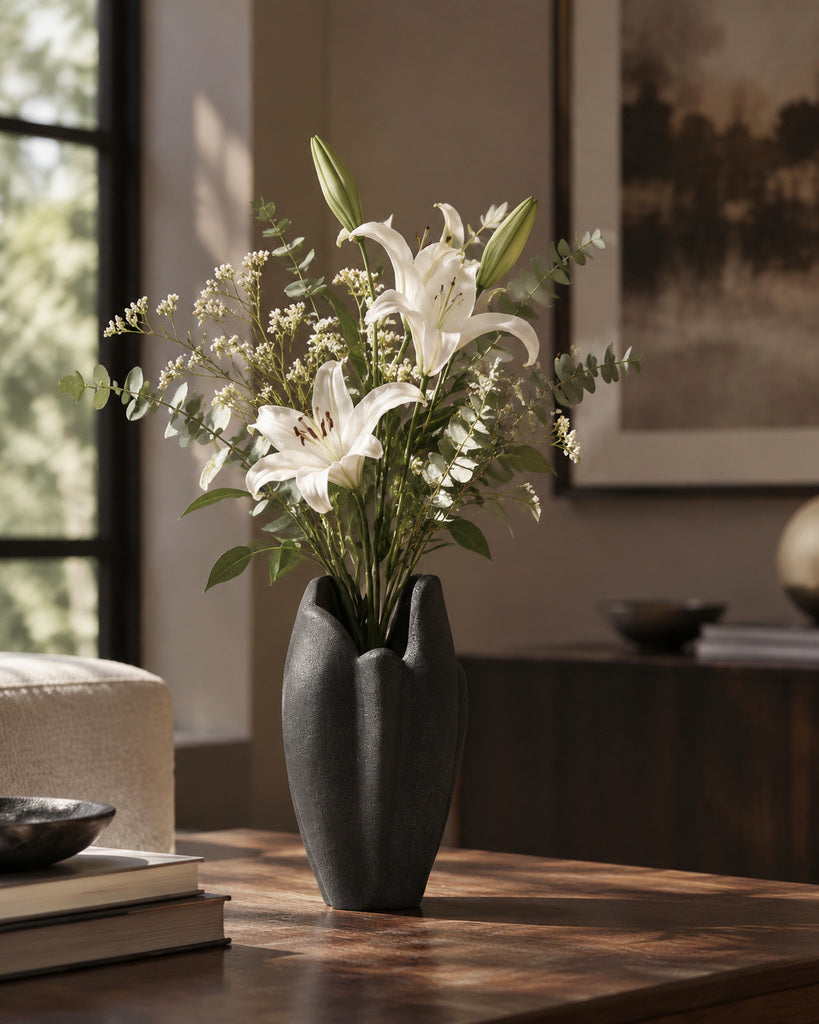 Matte Black Petal-Form Sculptural Vase - 10.0"