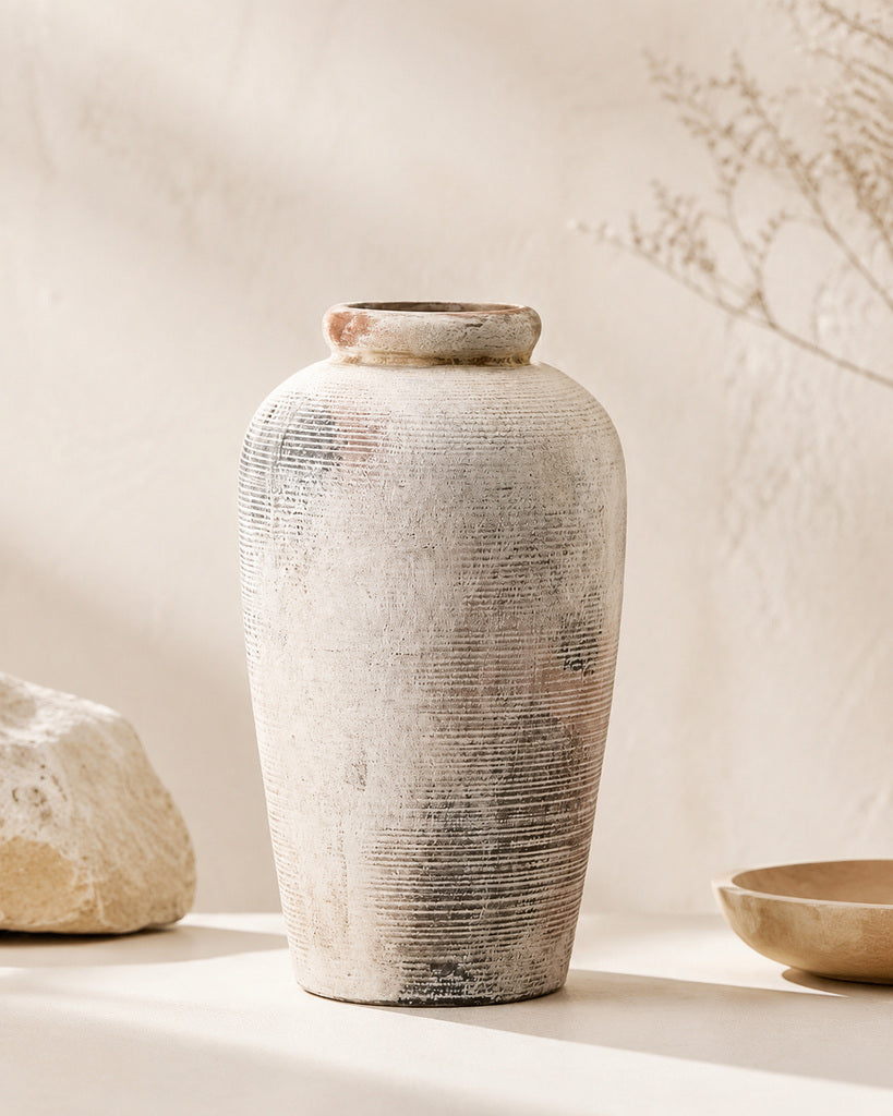 Antique Beige Textured Ceramic Vase - 11"
