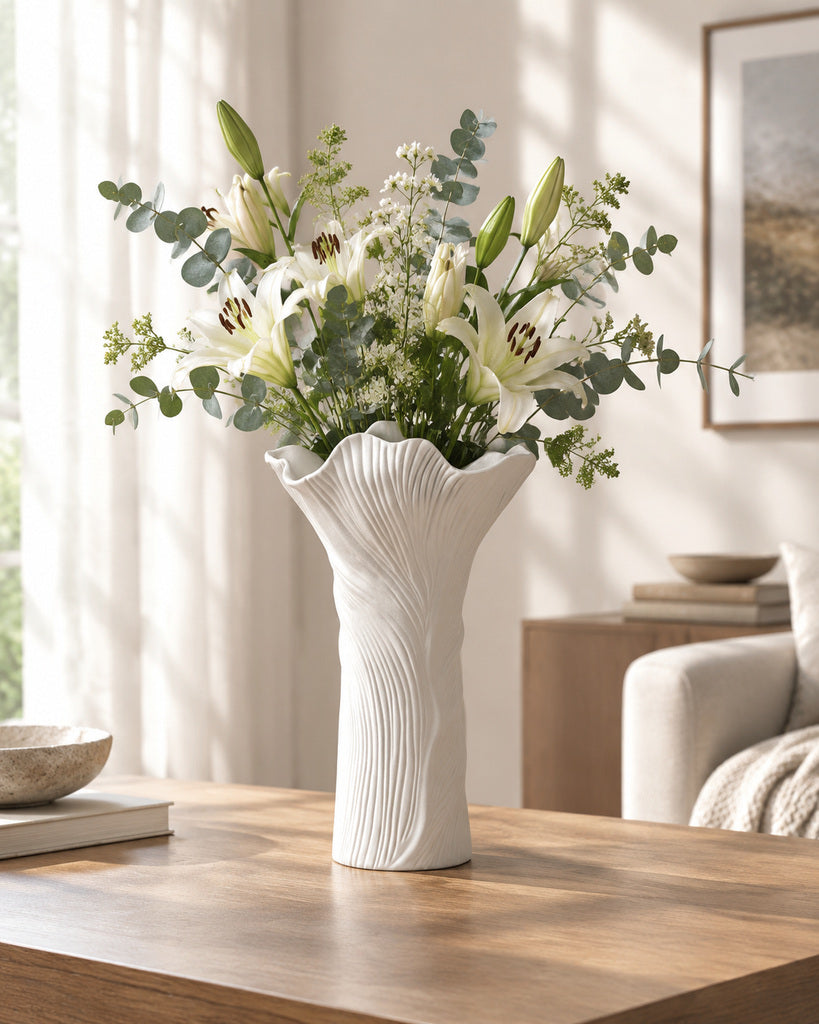 White Flowing Ribbed Ceramic Vase - 11.0"