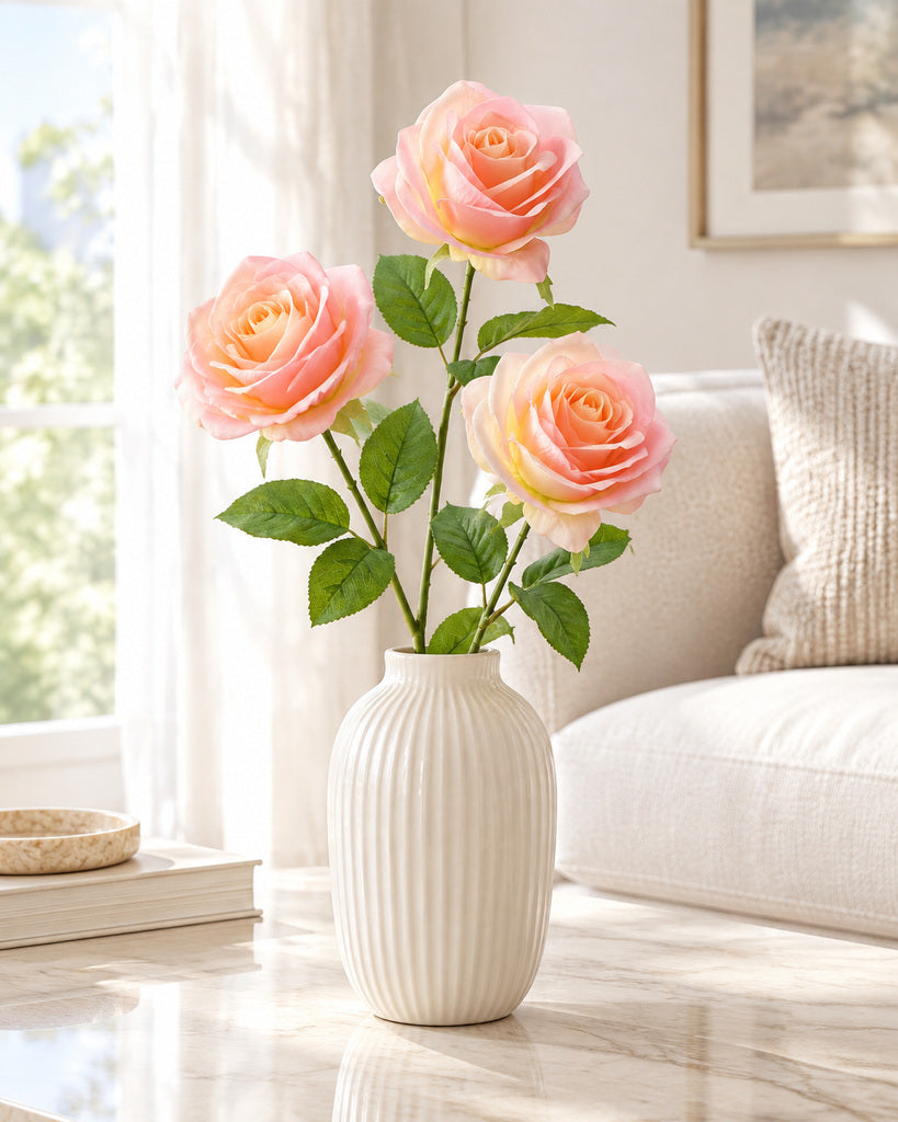 Sunset Pink Artificial French Rose Stem - 55 cm