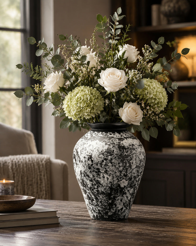 Snow-Covered Black Tall Mottled Textured Vase - 12.9"