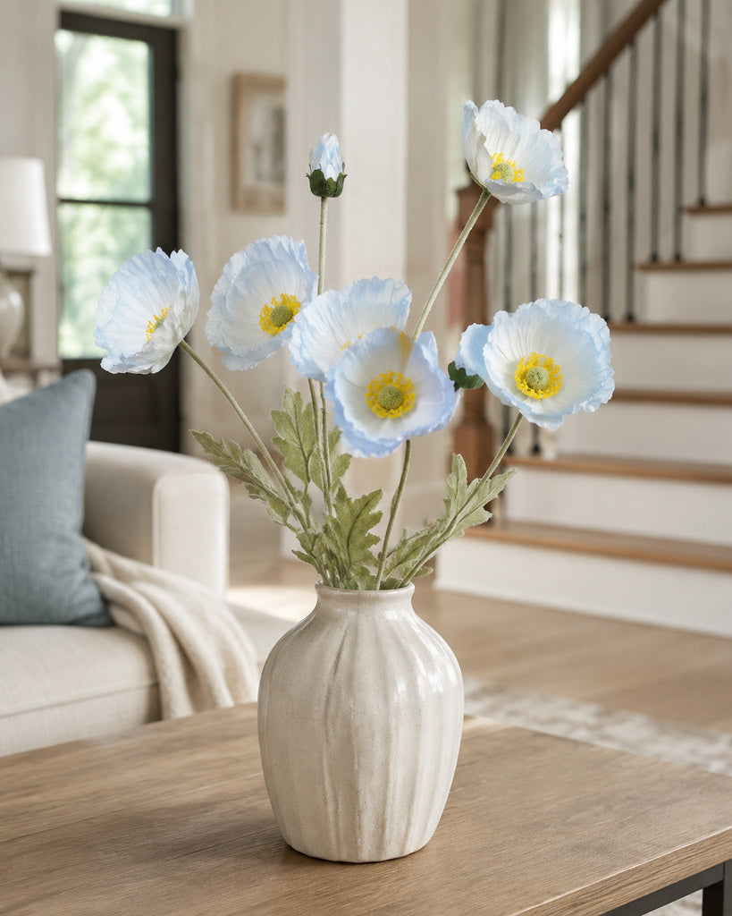 Blue Fabric Artificial Poppy Spray - 64 cm