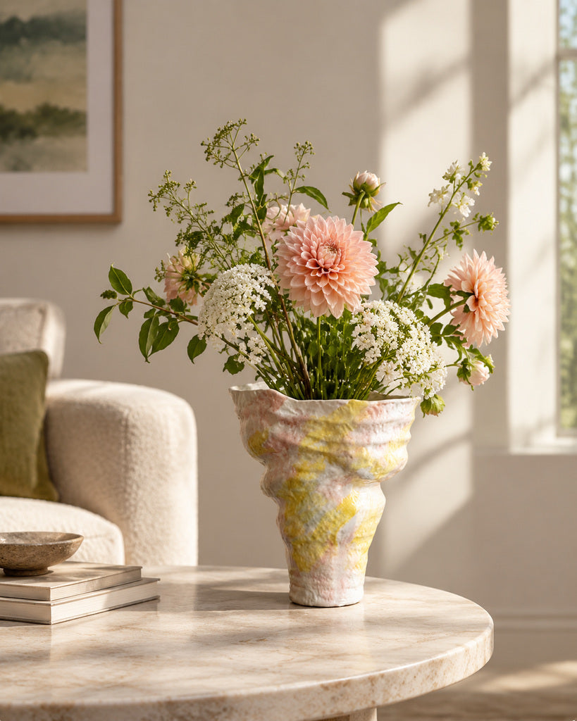 Ivory Pink-Yellow Textured Sculptural Vase - 13.4"