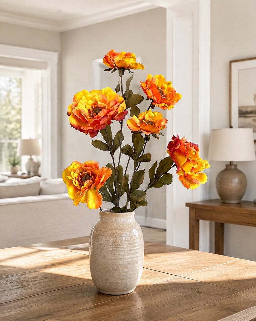 Orange Red Artificial Peony Floral Spray - 82 cm