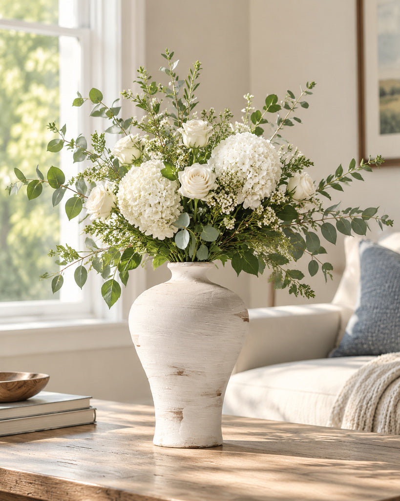 Hand-Glazed Ivory Brush-Textured Sculptural Vase - 8.9"