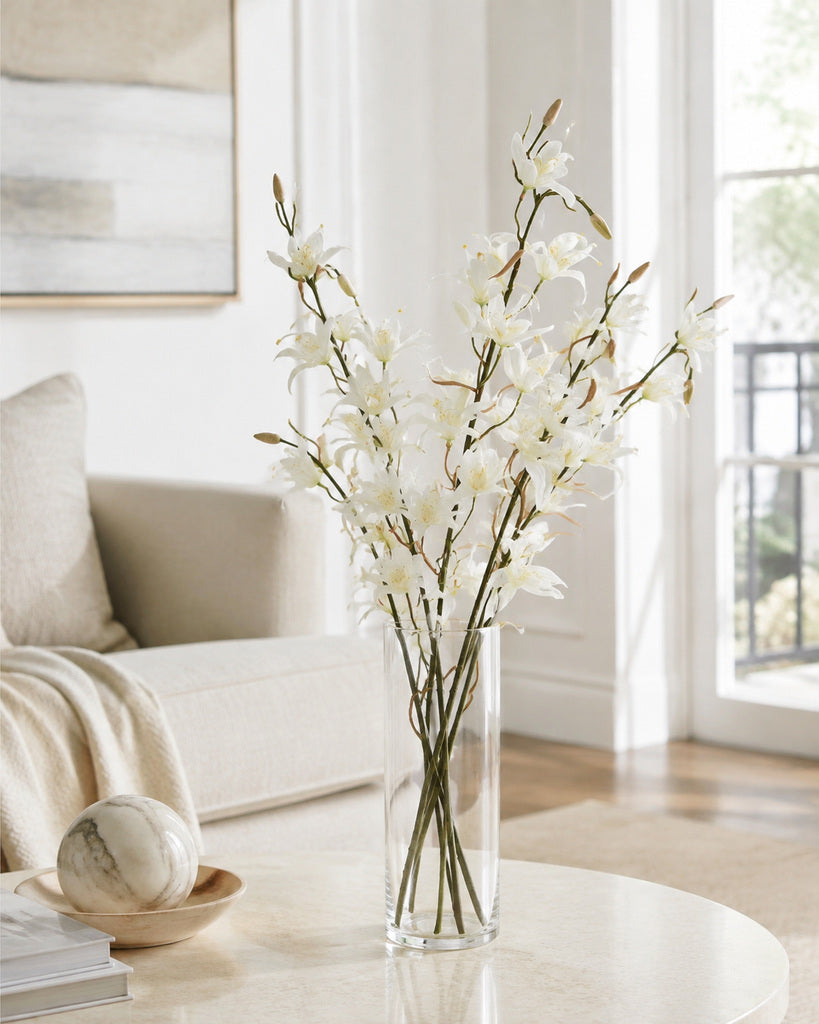 White Fabric Artificial Australian Dendrobium Orchid Stem - 80 cm