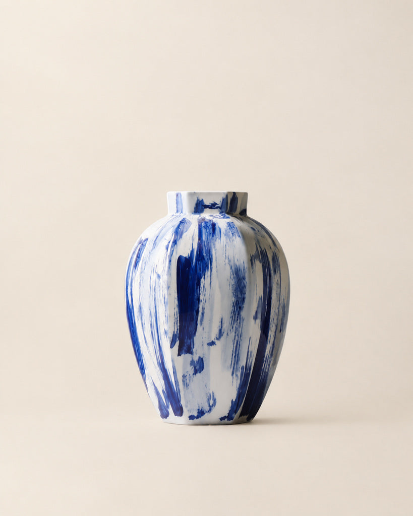 Ivory White & Cobalt Blue Brushstroke Vase - 10.3"
