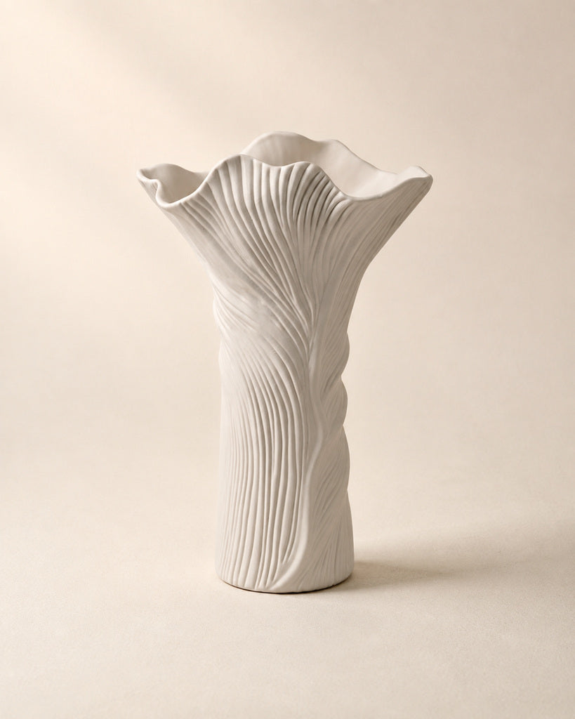 Flowing White Sculptural Ribbed Ceramic Vase - 11"
