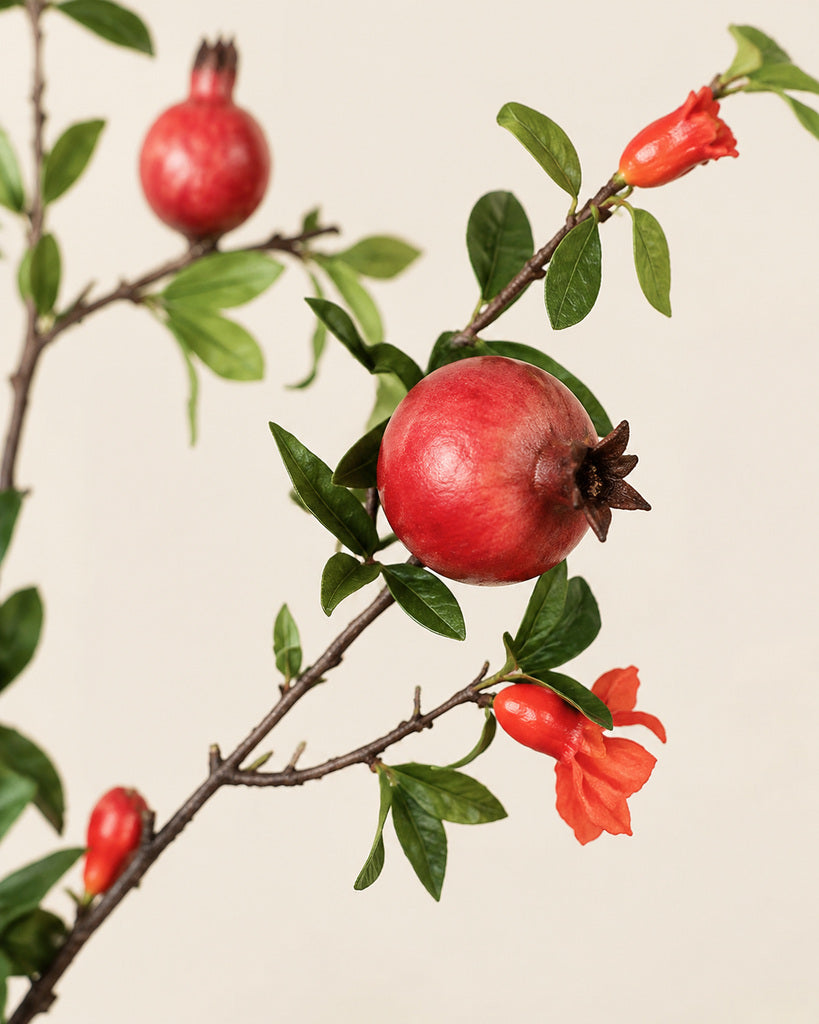 Red Artificial Pomegranate Branch with 4 Fruits and Blossoms - 90 cm