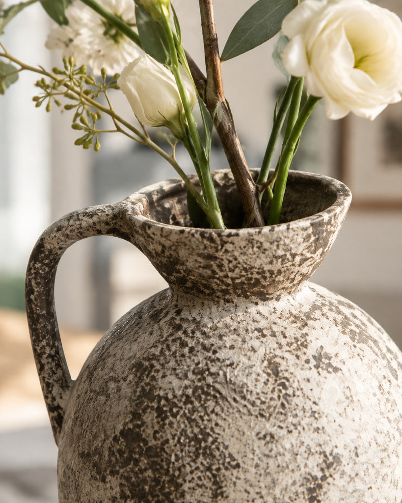 Weathered Ivory Single-Handle Bowl-Rim Earthenware Vase - 14.2"