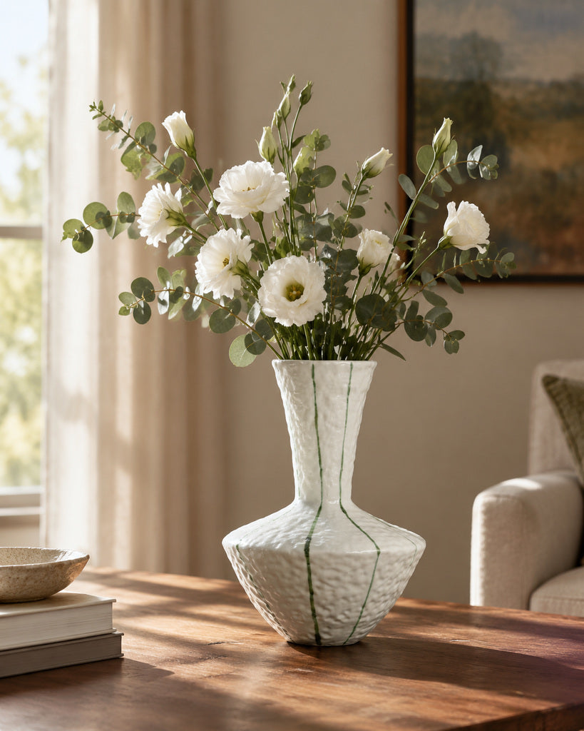 Ivory Green-Striped Tall Textured Sculptural Vase - 11.4"