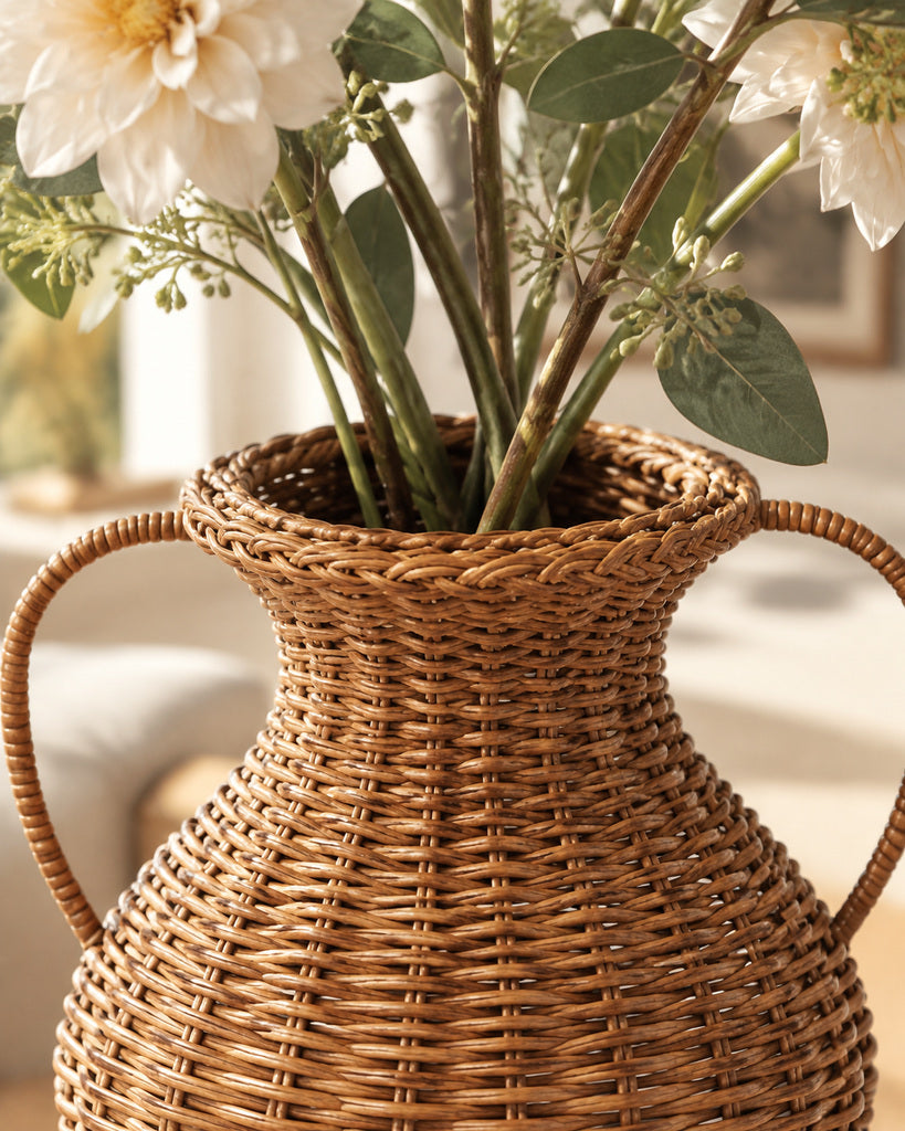 Natural Brown Handwoven Rattan Double-Handle Vase - 11.8"