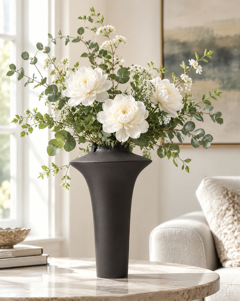 Matte Black Jagged-Rim Sculptural Vase - 14.2"