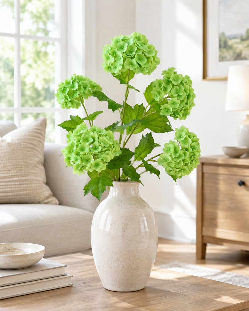 Green 5-Head Soft-Touch Mini Hydrangea Stem - 85 cm