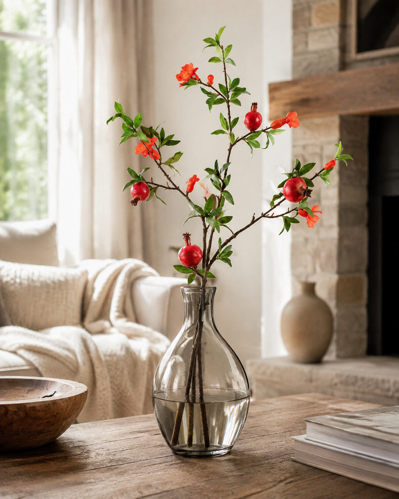 Red Artificial Pomegranate Branch with 4 Fruits and Blossoms - 90 cm
