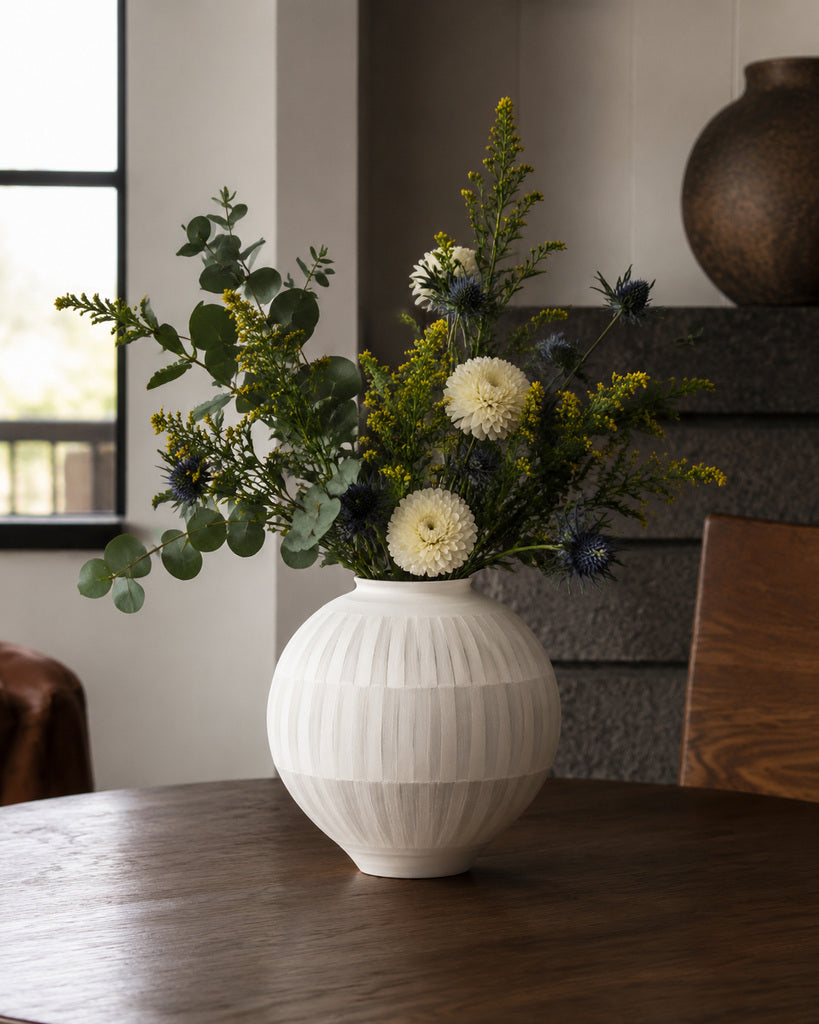 Ivory Round Hand-Painted Ceramic Vase - 10.6"